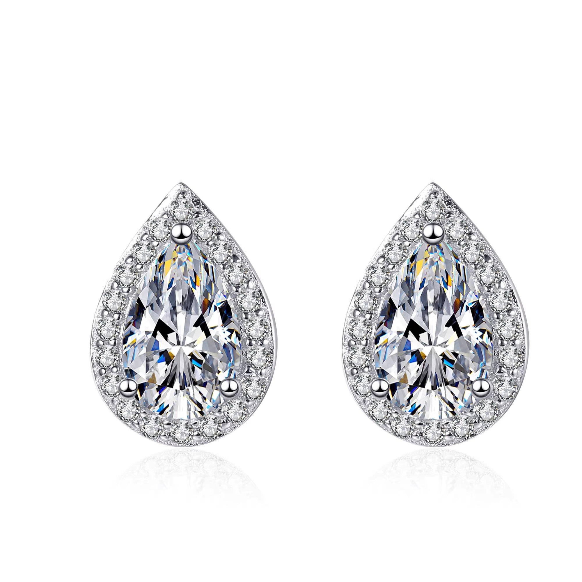 Teardrop Moissanite Pear Shaped Halo Stud Earrings 18K White Gold Plated Sterling Silver - La Pretti